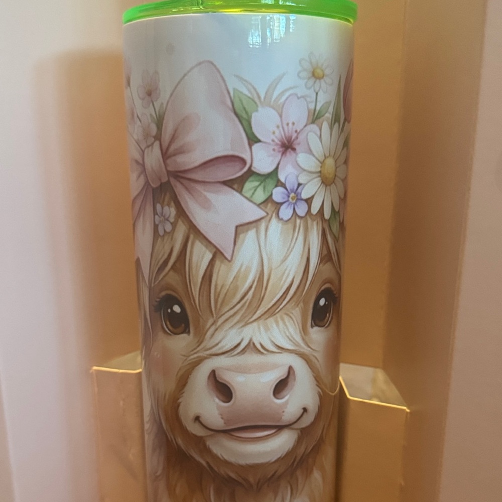 Easter Highland Floral Cow Handcrafted Tumbler with Straw Set and Green Cap